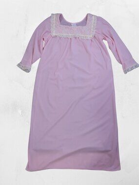Quiet Moments Pink Nightgown Lace Collar Pearl Accents Chambray Soft Large VTG